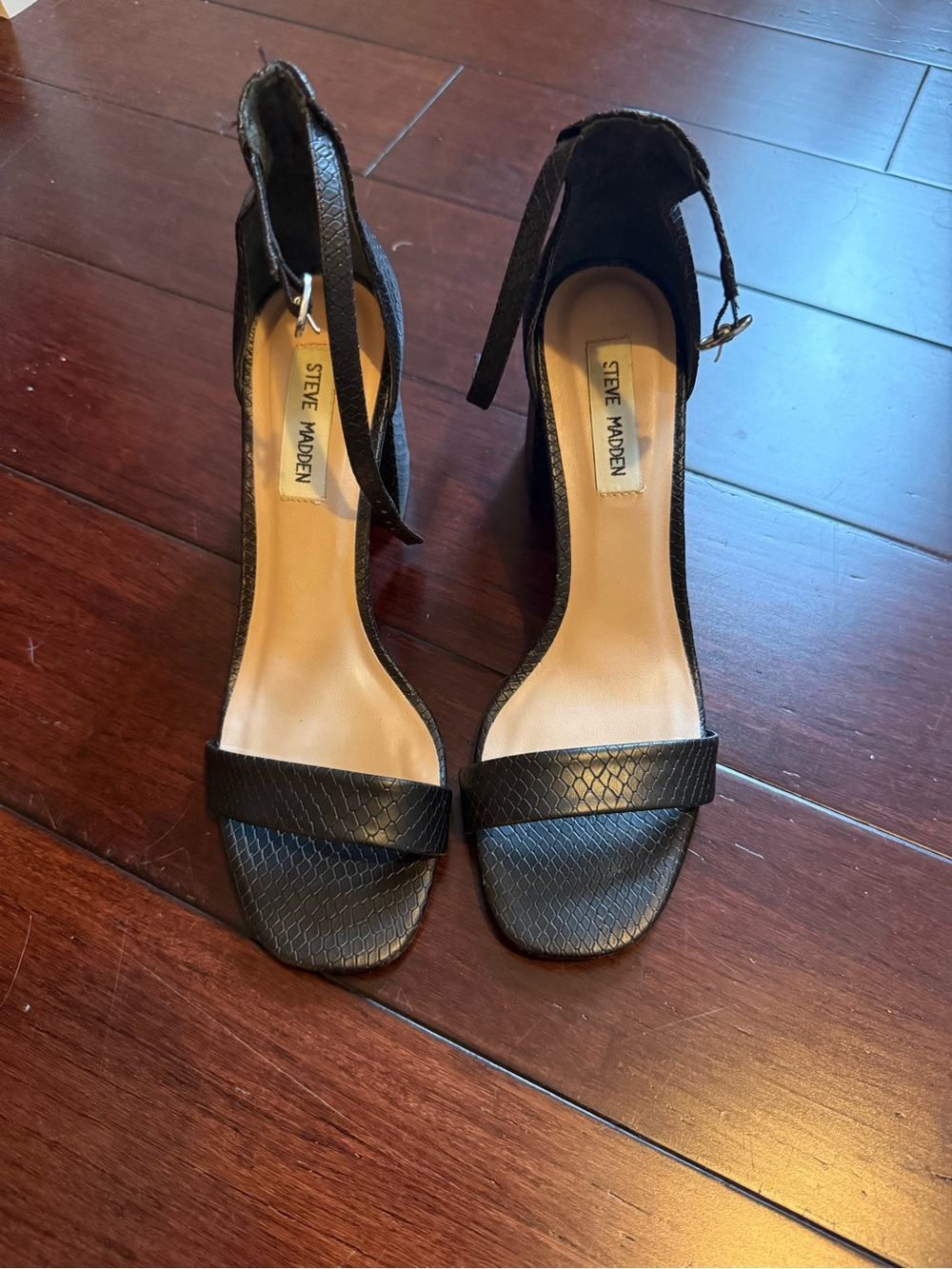 Steve Madden Black Textured Ankle-Strap Heels